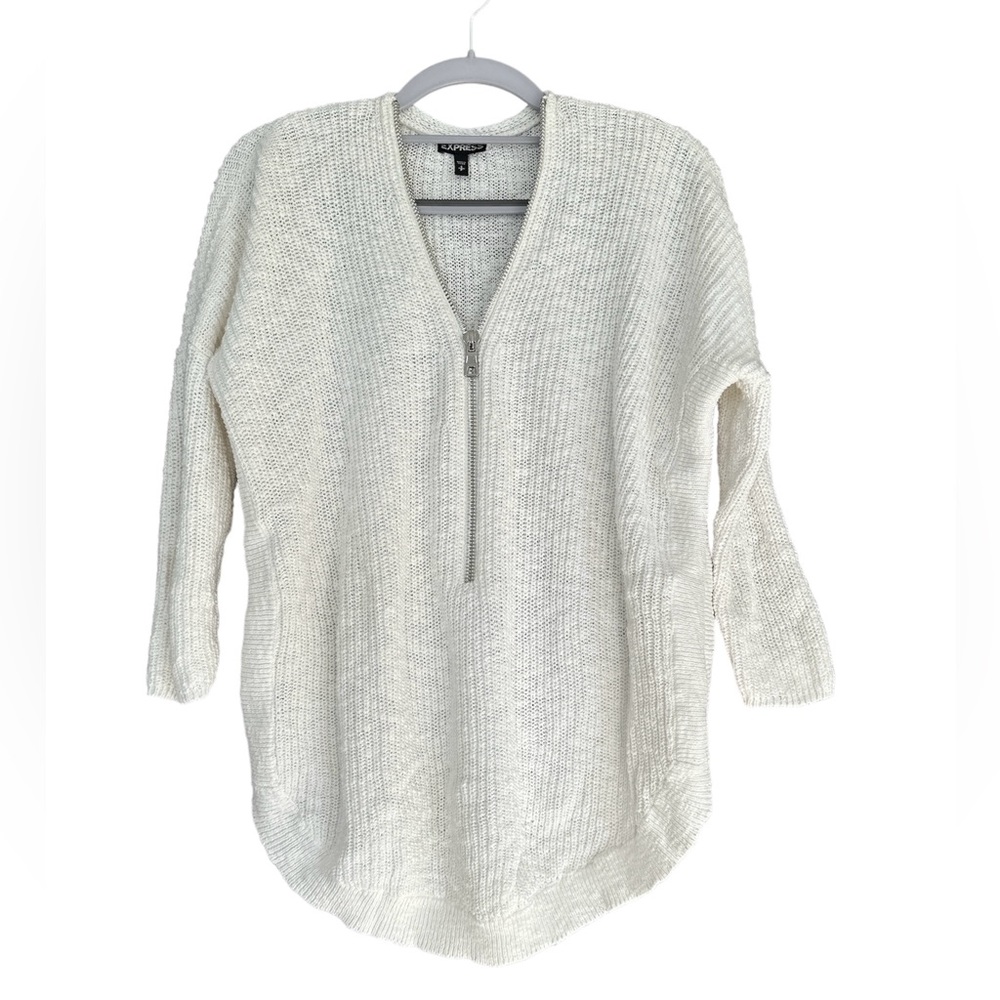 Express Knit 3/4 Sleeve Sweater Front Zipper Neck White S/M